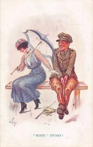 Humor Liebe Romantik Frau und Soldat lachen Handschuhe unter Bank Postkarte
