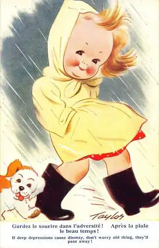 Bamforth Kinder Comic Humor Mädchen im Regenmantel Hund Regen Vintage Postkarte