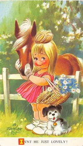 Bamforth Kinder Humor 1951 Hund Blumenkorb Mädchen Streichel Pferd Postkarte