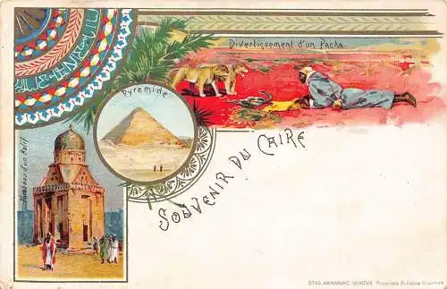 A622 Ägypten Kairo Souvenir du Caire Löwen Schlange Pacha Pyramiden Litho Postkarte