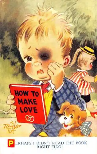 Bamforth Kinder Comic Junge Blaues Auge Wie man Liebe macht Buch Angry Girl Postkarte