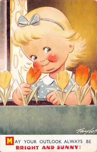 Bamforth Kinder Comic Humor 1951 Mädchen Tulpen hell und sonnig Postkarte