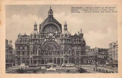 A648 Belgien Anvers Antwerpen Hauptbahnhof Astrid Place Straßenbahnen Postkarte