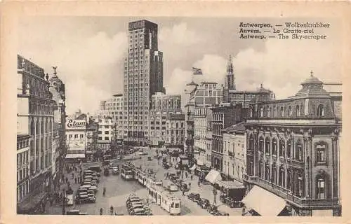 A648 Belgien Anvers Antwerpen Sky Scraper Straßenbahn Autos Oldtimer Postkarte