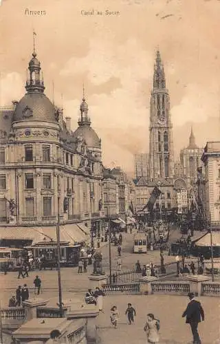 A646 Belgien 1906 Anvers Antwerpen Canal au Sucre Straßenbahn Geschäfte Vintage Postkarte