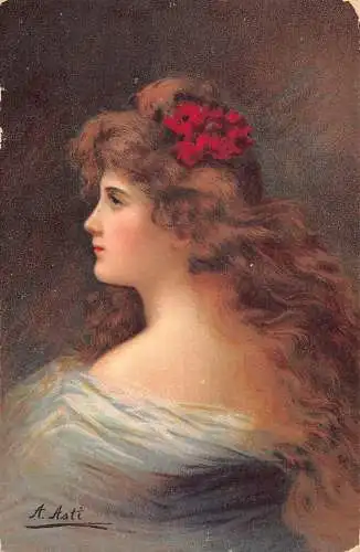 A698 Schöne Frau Kunst von A Asti gewelltes Haar rote Blumen Vintage Postkarte