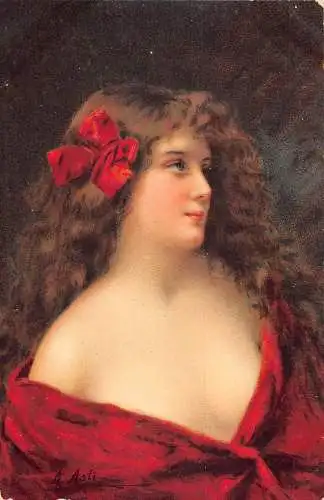 A698 Schöne Frau Kunst von A Asti gewelltes Haar rotes Band rotes Kleid Postkarte