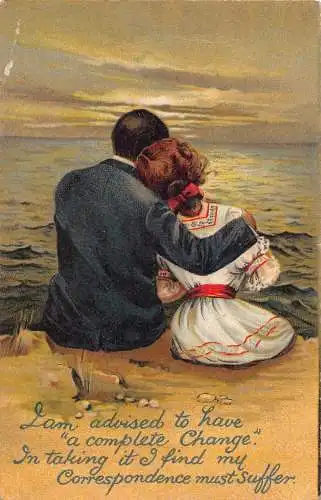 A698 Liebesromanze 1907 Paar umarmt am Strand beobachtet Sonnenuntergang Gedicht Postkarte