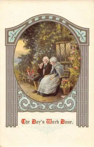 A698 Liebe 1909 The Day's Work Done älteres Paar auf Bank Pfeife rauchen Postkarte