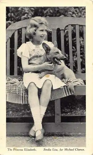 Postkarte A698 British Royalty Princess (Queen) Elizabeth and Corgi Dog on Bench