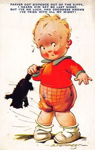 A699 Tempest Kiddy 1945 Scared Boy Black Cat Kunst von D Tempest Postkarte
