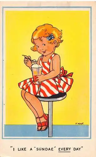 A700 Kunst von F Woof Niedliches Mädchen, das jeden Tag isst, ich mag einen Eisbecher Vintage Postkarte