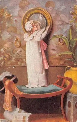 A700 Kunst 1904 Dame im Nachthemd stehend auf Bank küssend Spiegel Postkarte