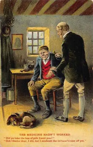 A700 Comic Humor 1917 Arzt bei Besuch Taking Pulse Clock Hund Kunst Postkarte