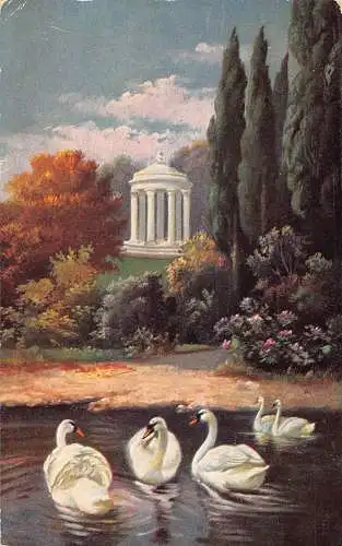 A700 Kunst 1908 Landschaft mit Kiosksee mit Schwänen Vintage Postkarte
