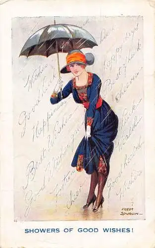 A703 Duschen der guten Wünsche 1930 Schicke Frau hält Regenschirm im Regen Postkarte