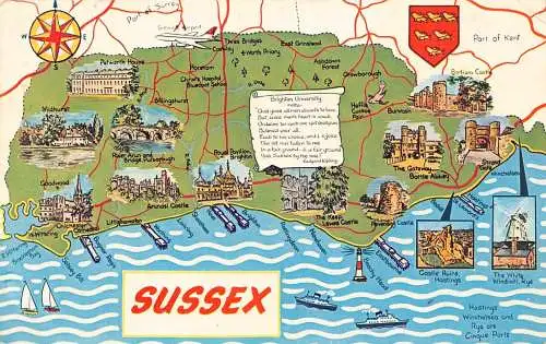 A712 England Scenic Map of Sussex Steamboats Coat of Arms Vintage Postkarte