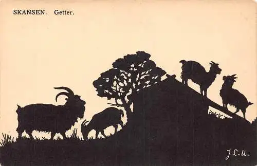 A713 Silhouette Skansen Getter Bauernhof Ziegen Bäume Vintage Postkarte
