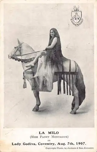 A714 Edwardianische Schauspielerin 1907 Stiefmütterchen Montague als Lady Godiva Coventry Postkarte