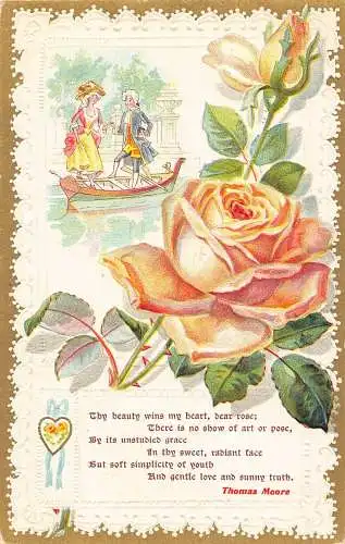A716 Liebesromanze geprägtes Rosenherz Boot Paar Gedicht von T Moore Postkarte