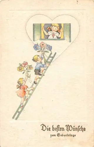A716 Geburtstagsgrüße 1939 Kinder Klettern Leiter zum Herz Blumen Postkarte