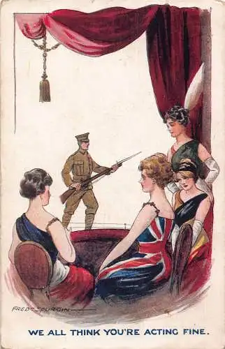 A717 Politische Satire Soldat Theater Bühne Französisch Deutsch Britische Flaggen Postkarte