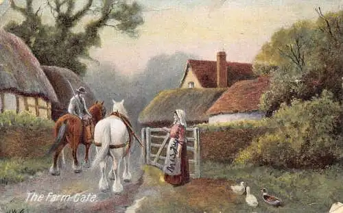 A718 England 1910 Farm Gate Pferde Bauern Enten Kunst Vintage Postkarte