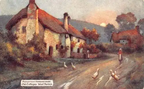 A718 England Old Cottages West Porlock Somersetshire Enten Bauern Postkarte