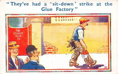 A722 Humor Comic Sit Down Strike at the Glue Factory Stikkit Glue Co Postkarte