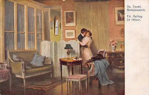 A723 Art Edouard Gelhay The Return Lovers Kissings in Room Vintage Postkarte