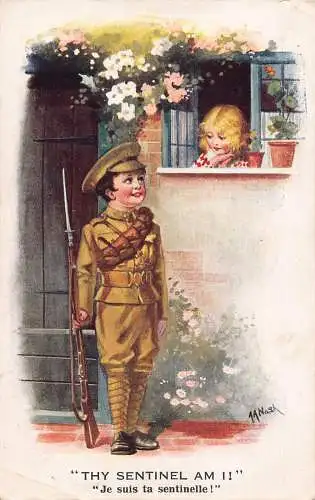A732 Zensierte Feldpostkarte 1. Weltkrieg 1917 Wächter Soldat Junge am Mädchenfenster