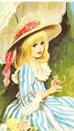 A733 Bamforth Taylor Tots Serie blondes Mädchen Streifen blaues Kleid Regenschirm Postkarte