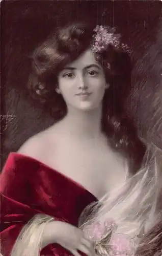 A733 Artsy Portrait of Black Hair Elegant Woman in Red Dress 1913 Postkarte