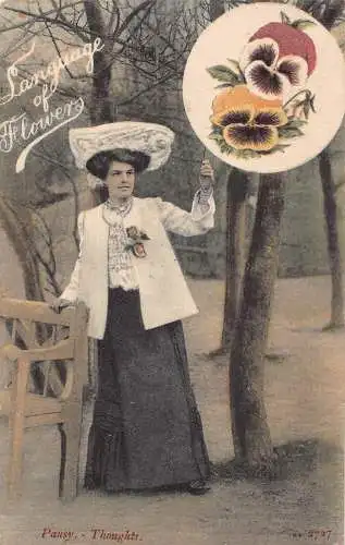 A733 Sprache der Blumen 1910 Stiefmütterchen Gedanken Elegante Frau Postkarte
