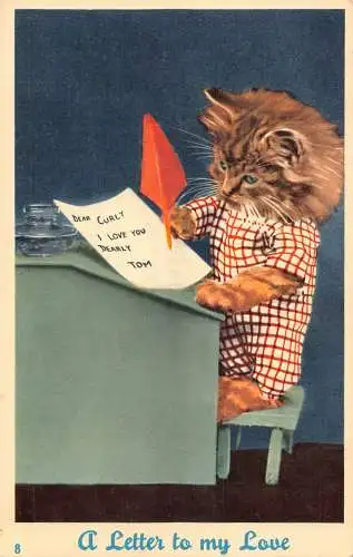 A735 Love Romance Humanisierte Katze im Pyjama Schreib Brief Vintage Postkarte