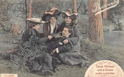 A737 Sprichwort Liebesroman 1906 Drei Frauen und eine Gans machen eine Marktpostkarte