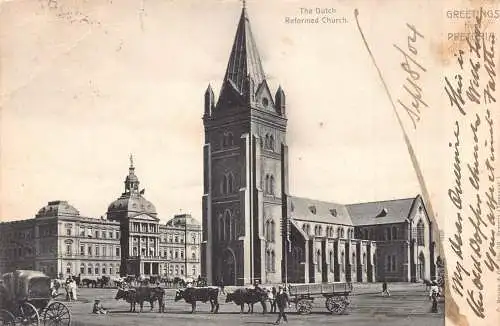 A742 Südafrika 1904 Grüße aus Pretoria Niederländische Kirche Bullenwagen Postkarte