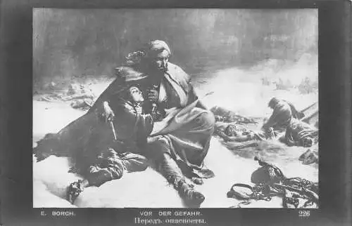 A743 Russische Kunst von E Borch Vor der Gefahr Schlacht Schnee Vintage Postkarte