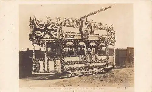 L481 England Königsbesuch 1906 dekorierte Straßenbahn Newcastle RPPC Vintage Postkarte