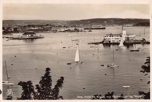 A751 Norwegen Oslo Utsikt fra Bygdoy Dronningen Kongen Boote Hafen RPPC Postkarte