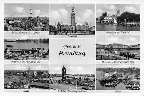 A754 Deutschland Gruss aus Hamburg Hafen Dampfschiff Brücke Rathaus RPPC Postkarte