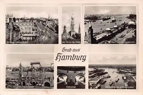 A754 Deutschland Gruss aus Hamburg Tuerme Elbtunnel Reeperbahn Brücke RPPC Postkarte
