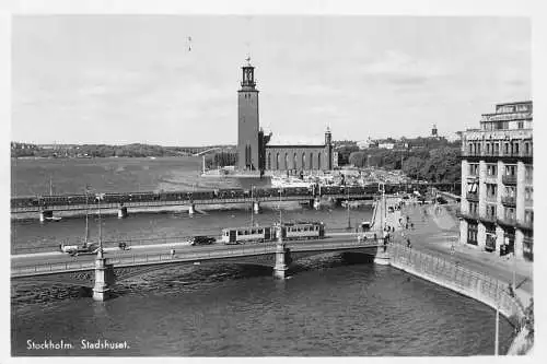 A756 Schweden Stockholm Stadshuset Brücke Straßenbahn Zug Turm RPPC Vintage Postkarte