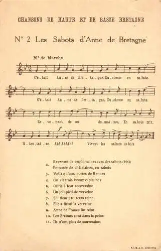 A757 Französische Liederkarte Chansons de Huate et De Basse Bretagne Sabots Postkarte