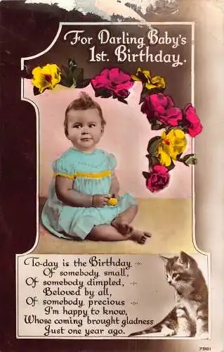 A757 Liebling Babys 1. Geburtstag Rosen Blumen Katze Gedicht Vintage Postkarte