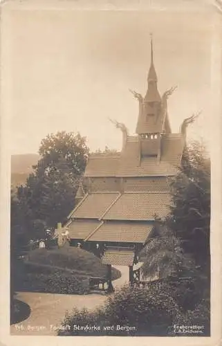 A757 Norwegen Bergen Fantoft Stavkirke Kirche RPPC Vintage Postkarte