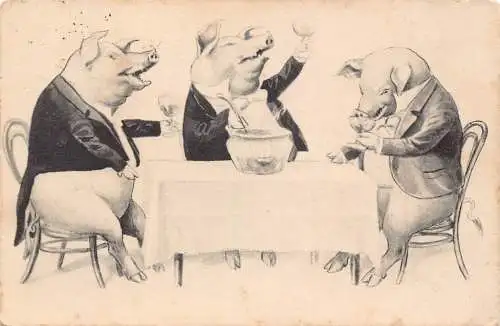 L482 Grüße 1912 Schweine anthropomorphe Punsch trinken Vintage Postkarte