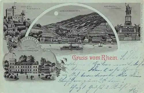 L482 Deutschland Gruss vom Rhein 1898 Mondschein Litho Vintage Postkarte