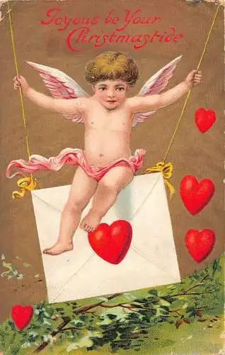 L483 Weihnachtsgrüße 1909 Amor Liebe Herzen Vintage Postkarte
