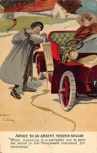 L483 Comic Autofahrer Auto 1909 Rat an einen abwesenden Bettler Wood Postkarte